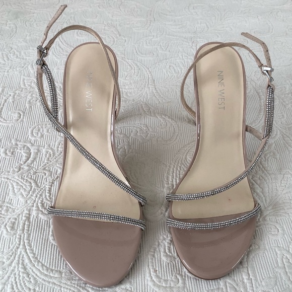 Nine West Shoes - Nine West Beige Rimstone Strappy Open Toed High Heels